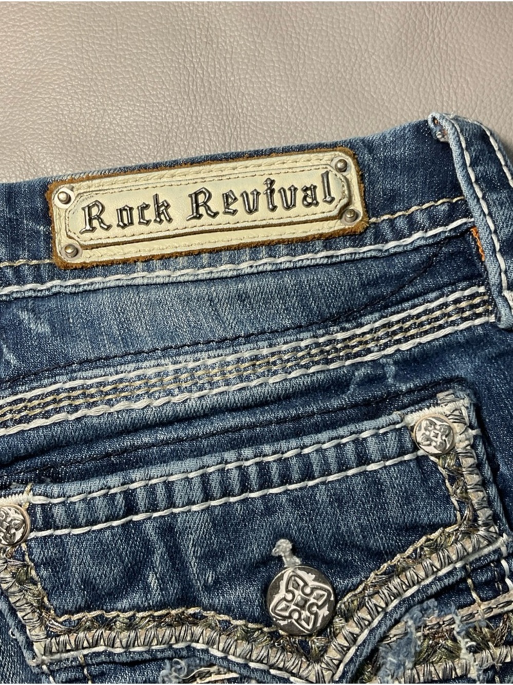 Rock Revival Women's Distressed Blue Jean Shorts with Embroidered Pockets - Picture 7 of 10
